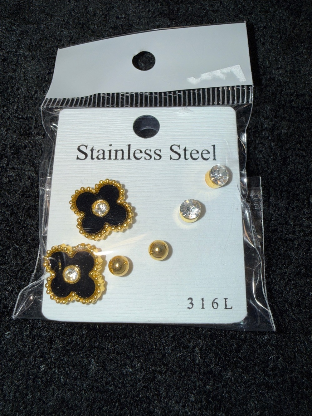 Stainless Steel Gold & Black Clover Stud Earring Set